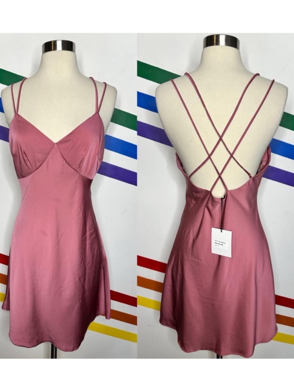 Glamorous Pink Satin Open Back Cross Strap Slip Mini Dress size small